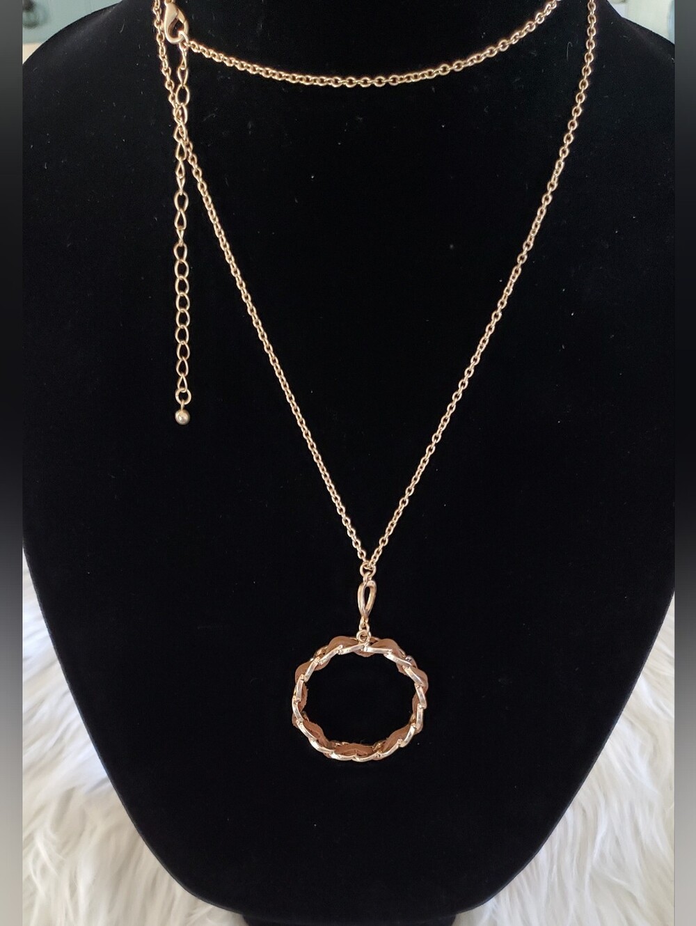 ​Gold Tone Chain Woven Brown Faux Leather Circle Pendant Long Necklace